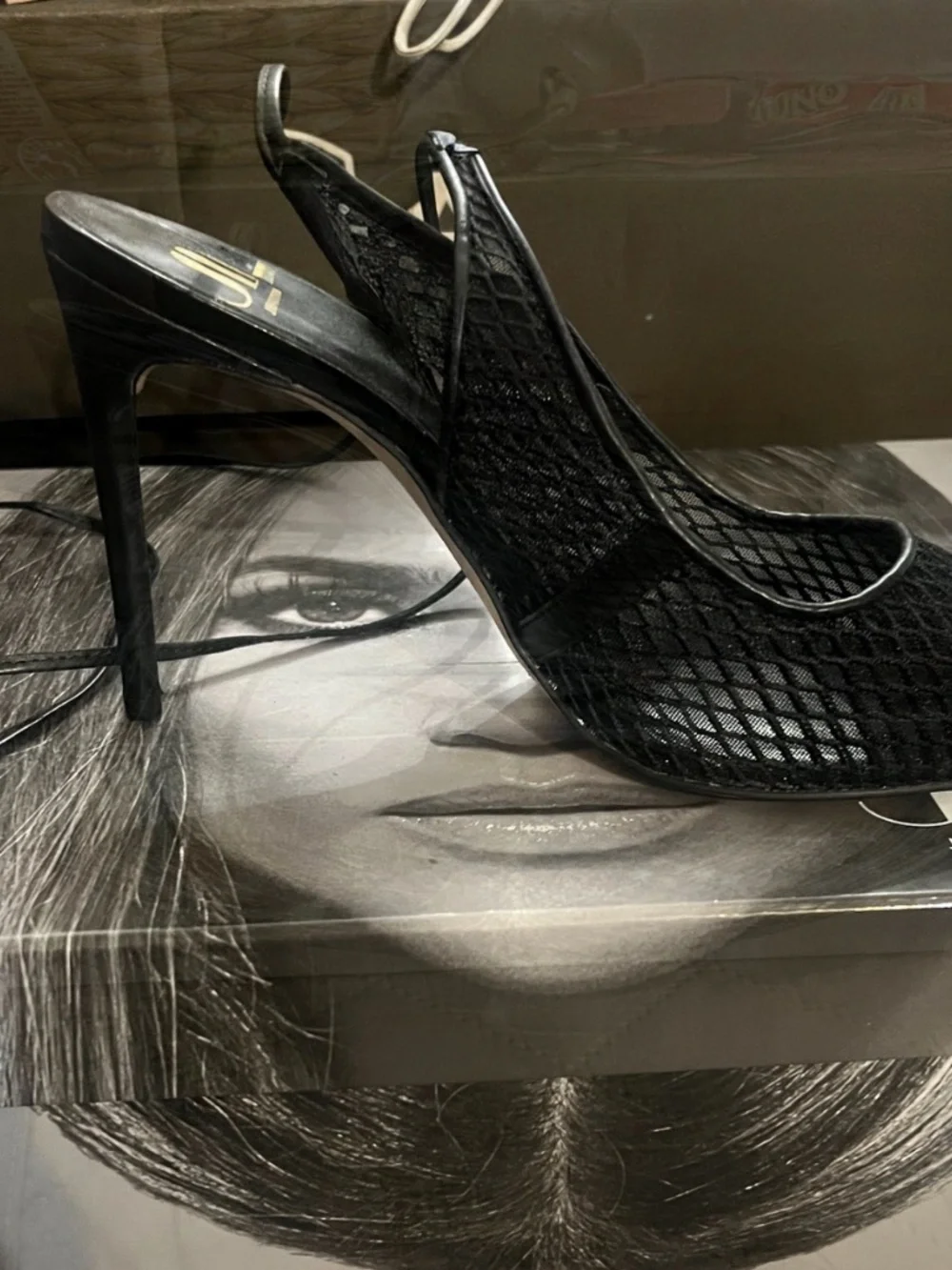 Jennifer Lopez JLO Florella Black Mesh Lace-Up Slingback Stiletto Heels